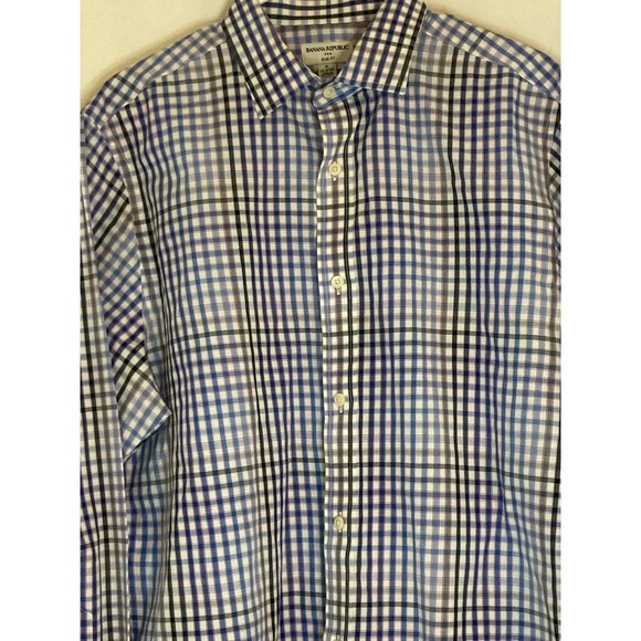 Banana Republic Mens Button Down Long Sleeve Shirt 17.5 Slim Fit Blue Plaid - Picture 1 of 8